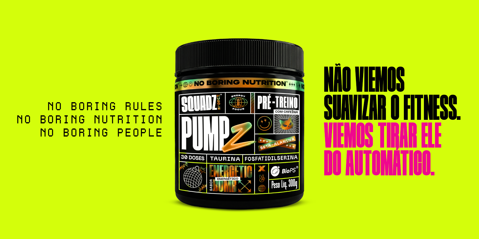Pote de PUMP Z, pré-treino SQUADZ MUSCLE com cafeína, beta-alanina, taurina e fosfatidilserina, 300g com 30 doses