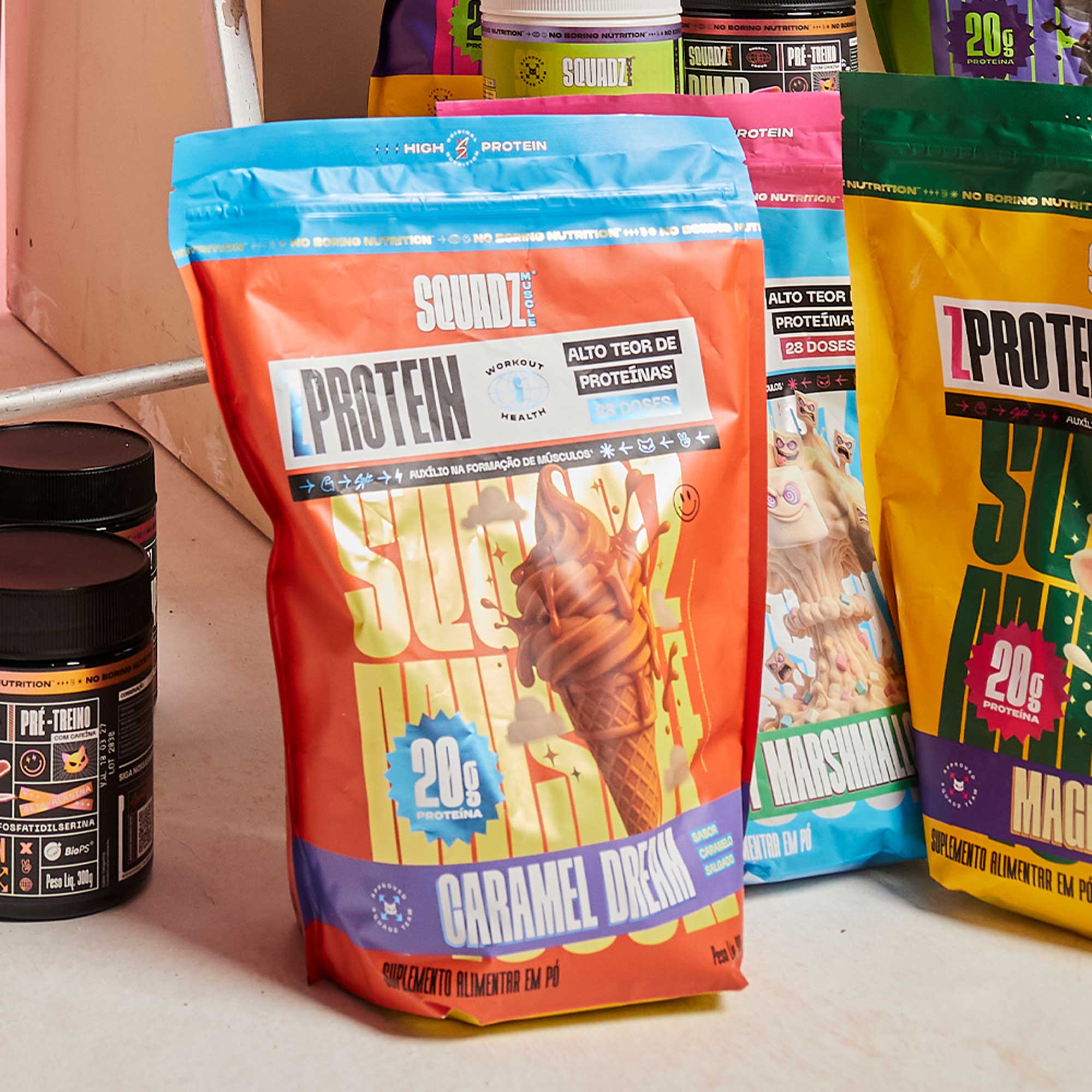 ZPROTEIN Caramelo Salgado 900g — Refis de varios sabores lado a lado