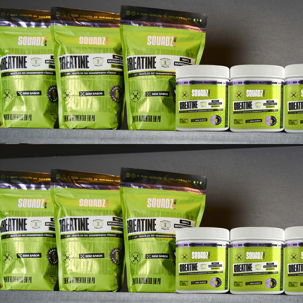 Prateleira com refis e potes de Creatine SQUADZ MUSCLE enfileirados