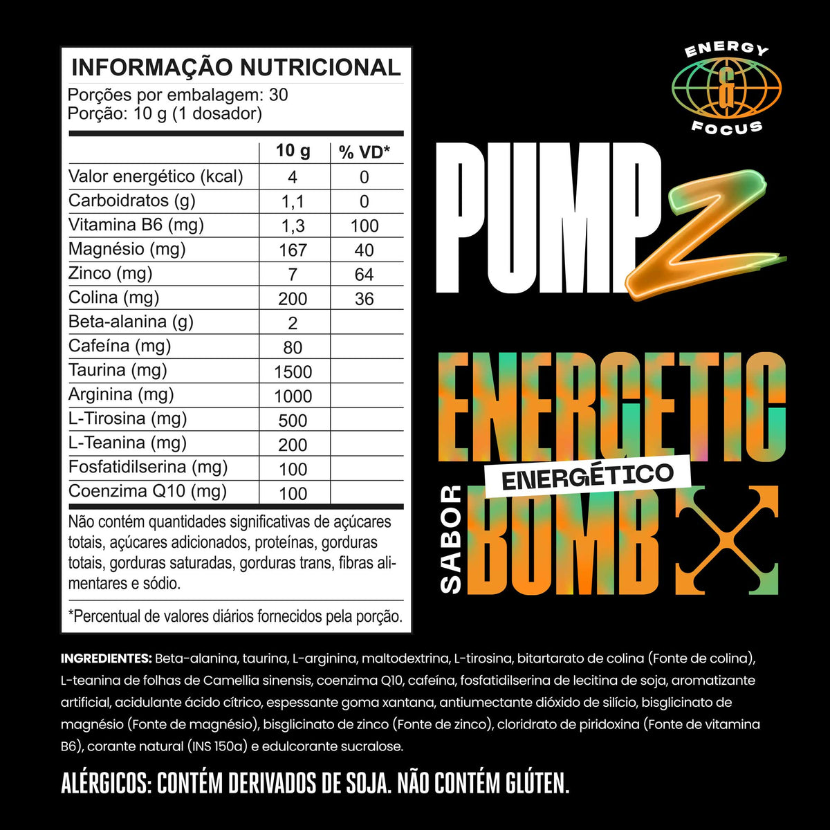 PUMP-Z Pré-Treino Energetic Bomb 300g — Tabela nutricional e ingredientes