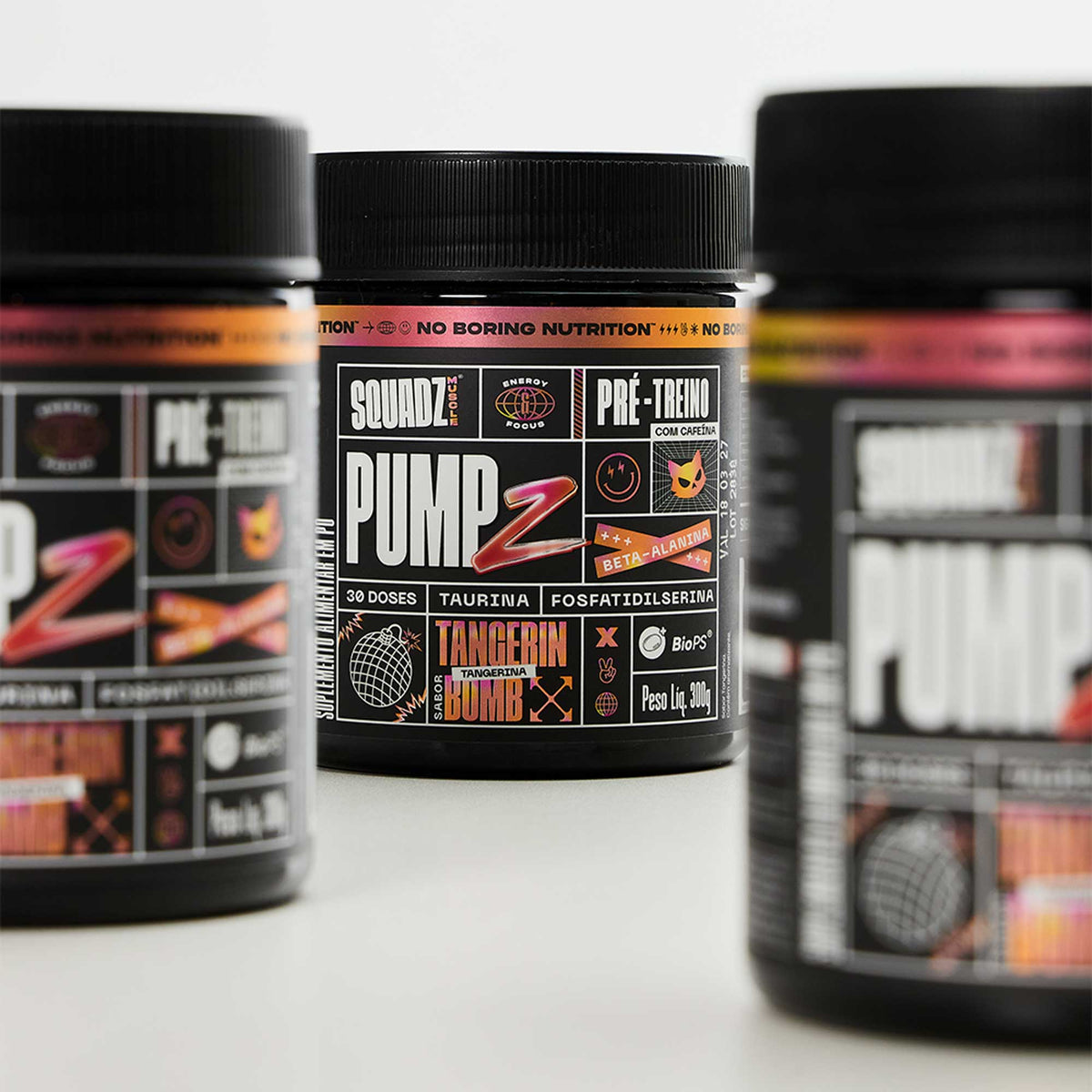PUMP-Z Pré-Treino Tangerin Bomb 300g — Tres potes alinhados